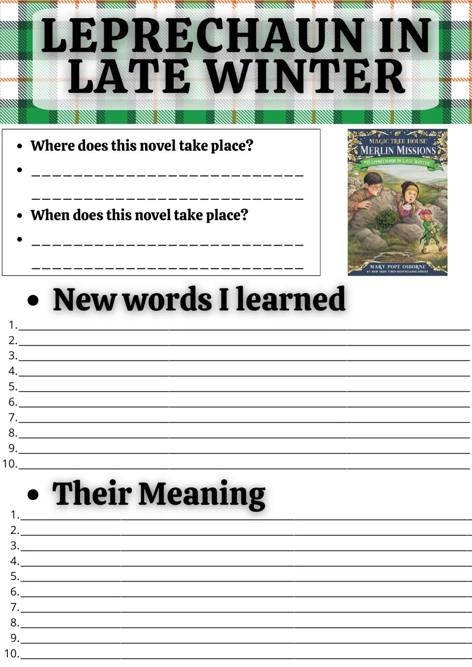 Novel study page 1: setting questions and vocabulary practice for 10 new words and their meanings.