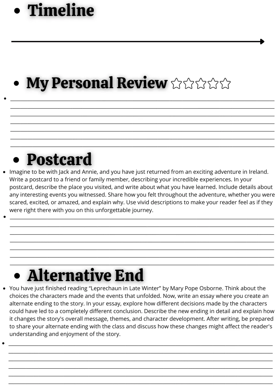 Novel study page 2: timeline, personal review, postcard from an Ireland adventure, and alternate-ending essay.