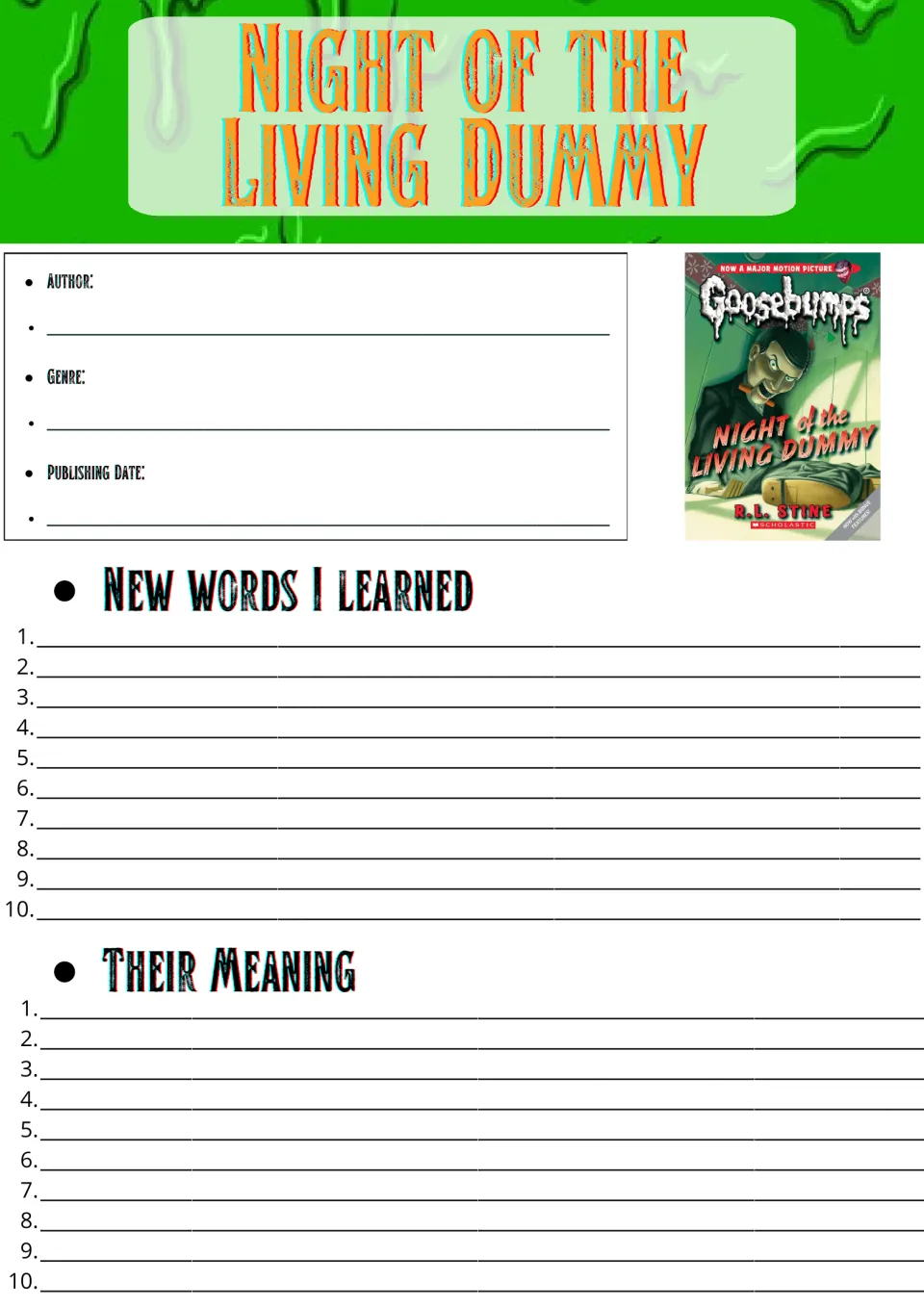 Night of the Living Dummy vocabulary log: students note author, genre and date, then list 10 new words and meanings