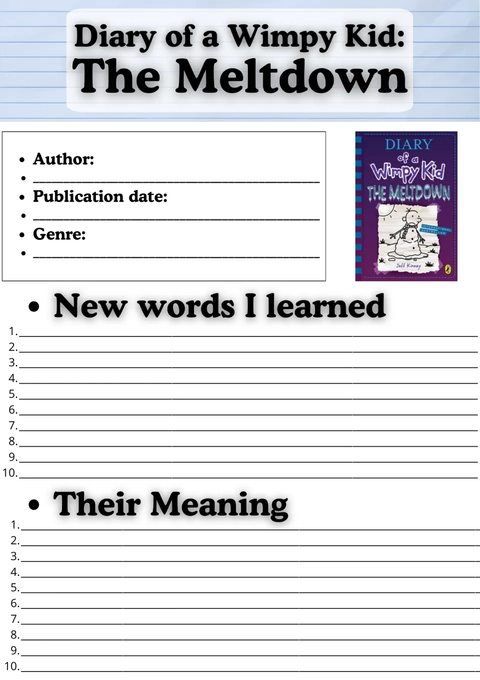 Novel study opening page: author, publication date, genre, and 10 new vocabulary words with their meanings.