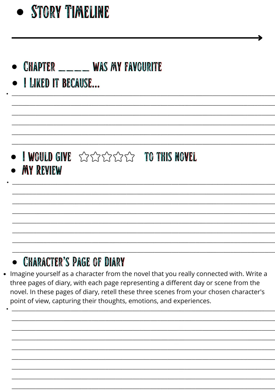 Story timeline arrow, favourite chapter, star rating, review and a diary entry written from a character's viewpoint