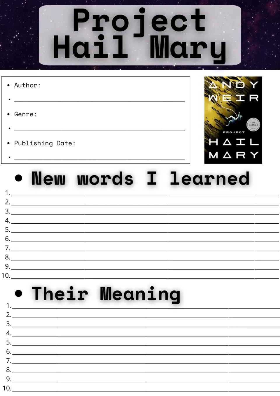 Project Hail Mary book details and vocabulary: students record author, genre and date, then list 10 new words and meanings