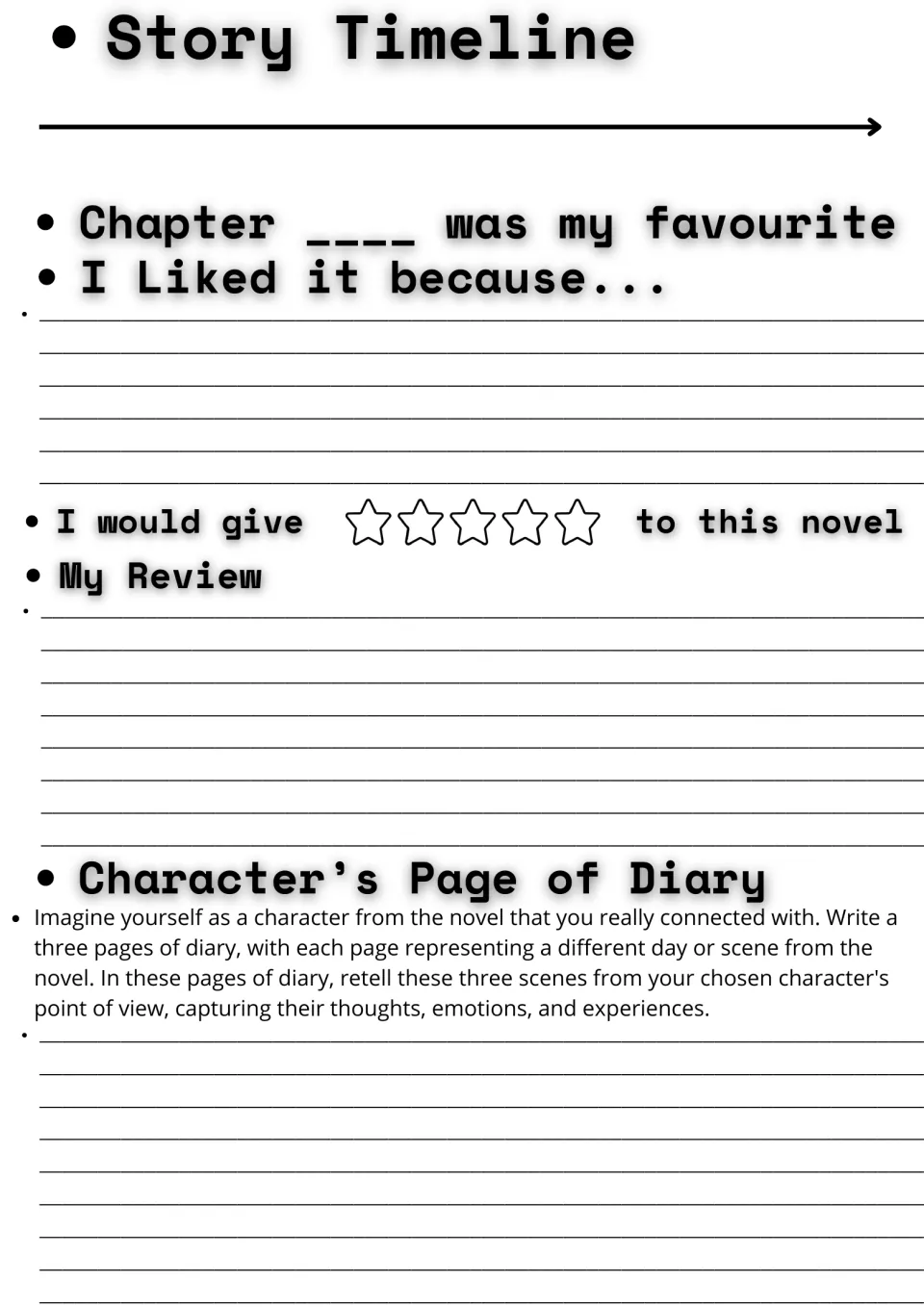Novel response: story timeline, favourite chapter, star rating and review, plus a three-scene diary in a character's voice
