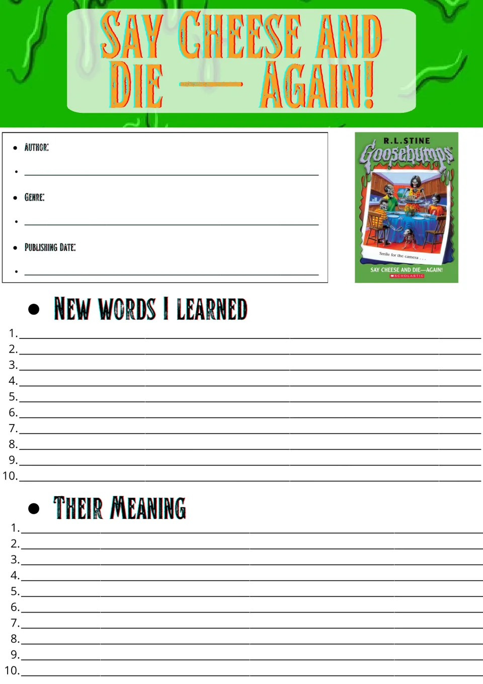Say Cheese and Die — Again! novel study cover: students record author, genre, date, and 10 new words with meanings