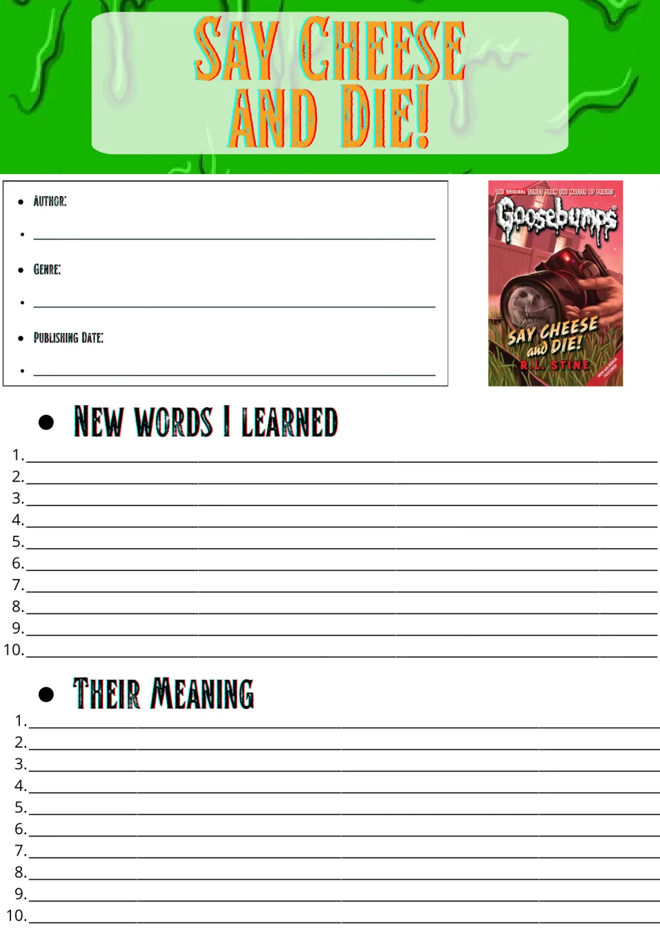 Say Cheese and Die! novel study start: students note author, genre and date, then list 10 new words and meanings