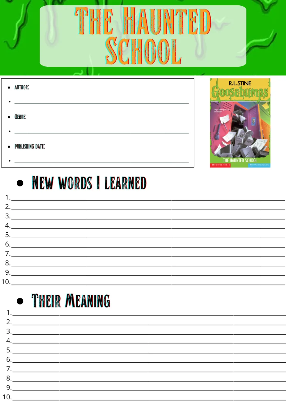 The Haunted School novel study: students record author, genre and date, then list 10 new words and their meanings