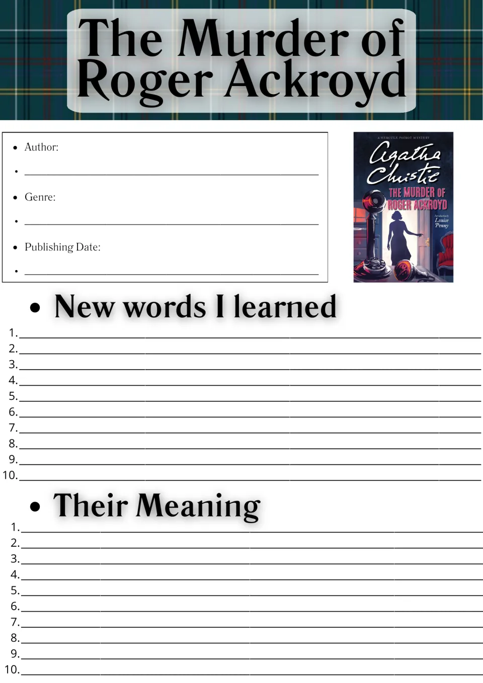 Reading log opening: students note author, genre and publishing date, then list 10 new words and their meanings