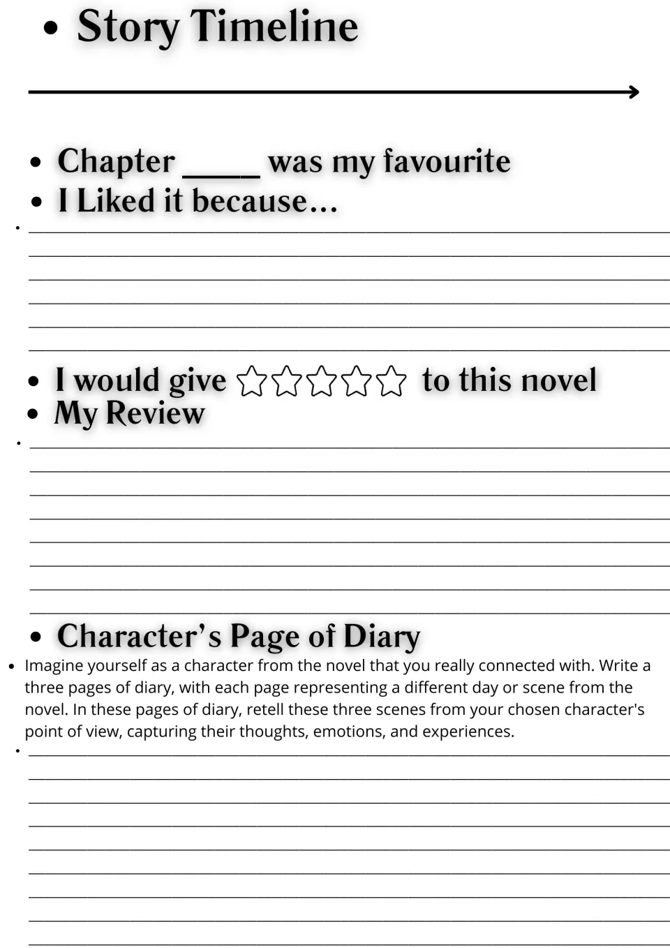 Story timeline, favourite chapter, star rating and review, then a diary entry retelling three scenes as a character