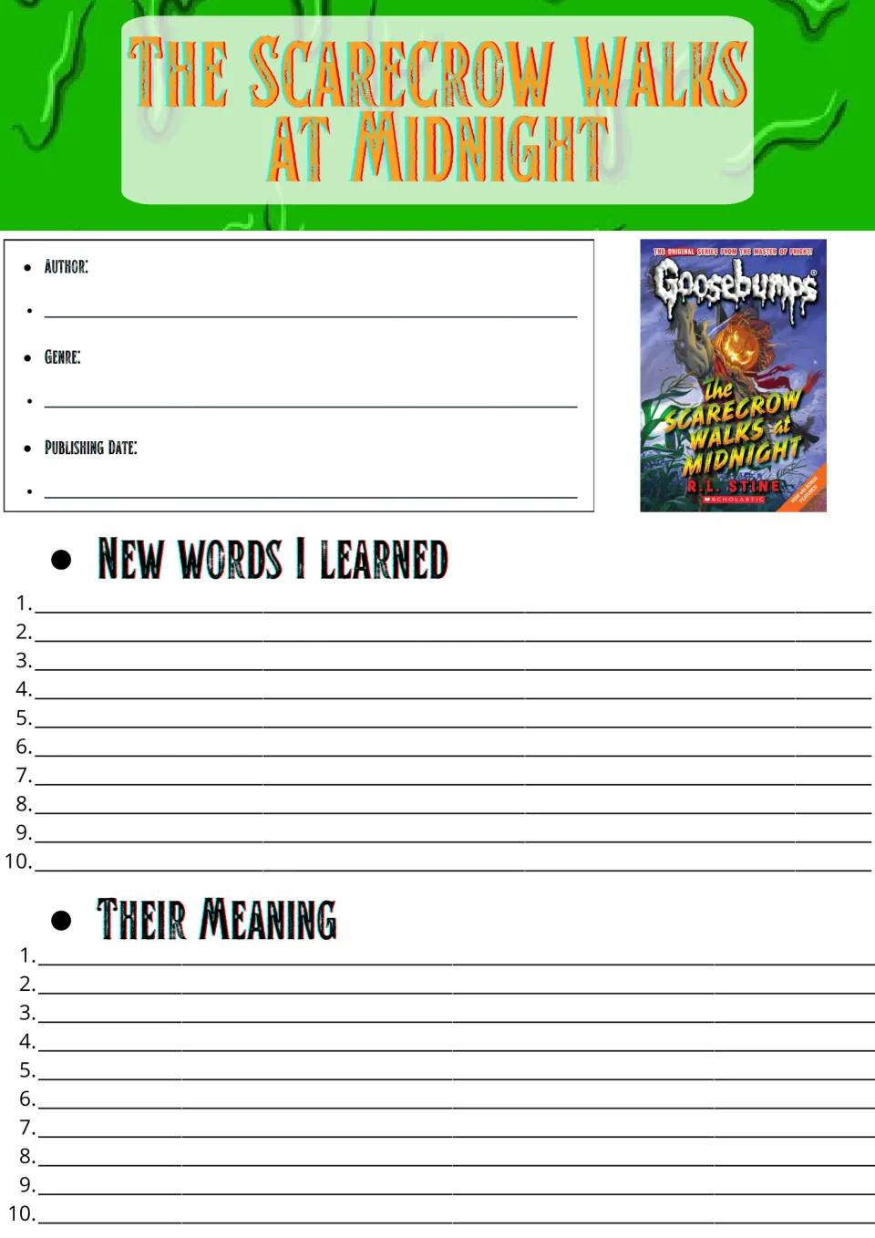 Novel study opening page: author, genre, publishing date, and 10 new words with their meanings.