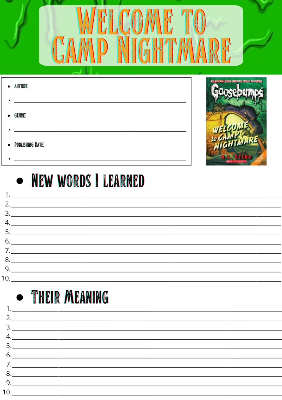 Welcome to Camp Nightmare novel study: students record author, genre and date, then list 10 new words and meanings