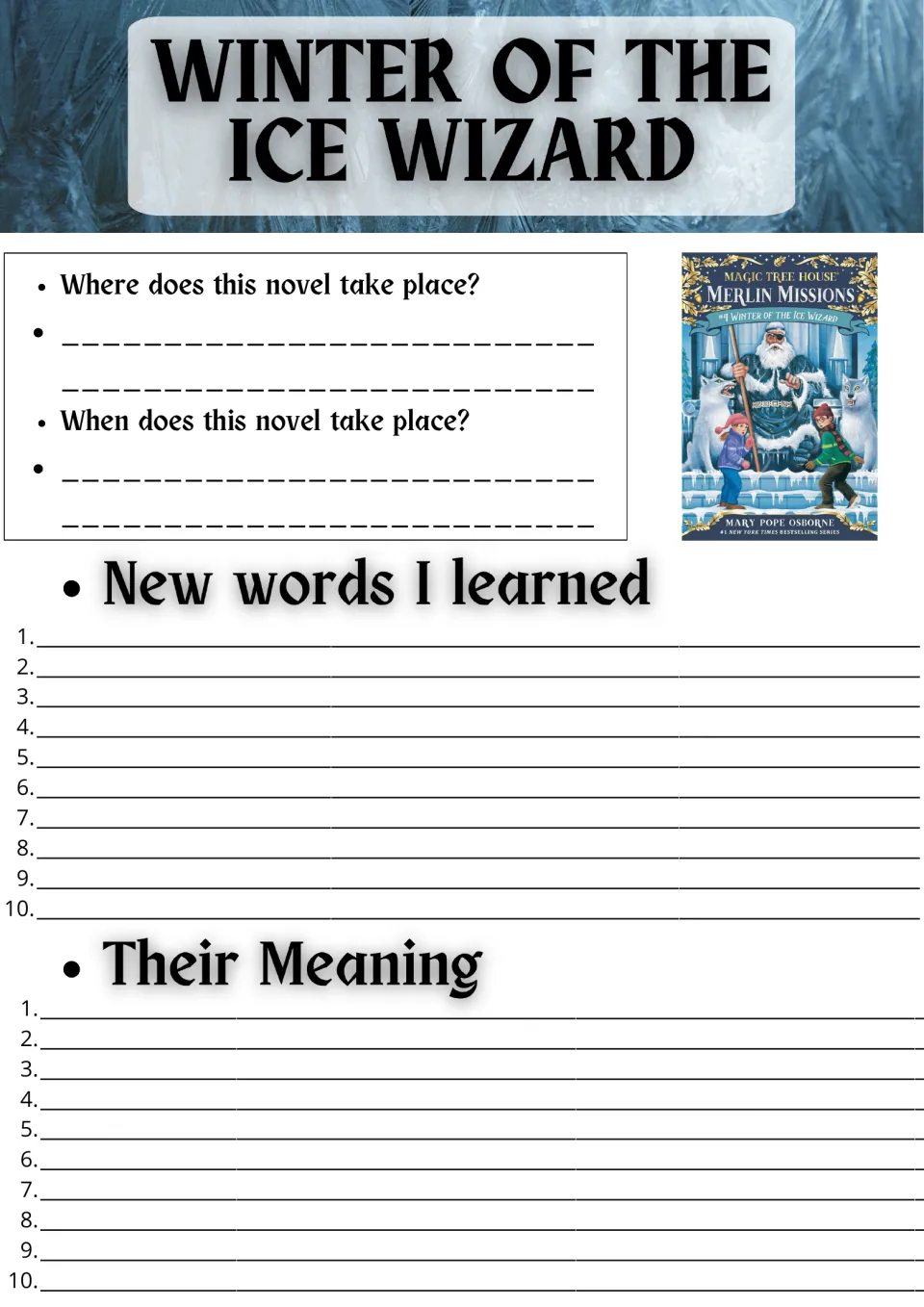 Winter of the Ice Wizard novel study: students note where and when the story is set, then list 10 new words and meanings