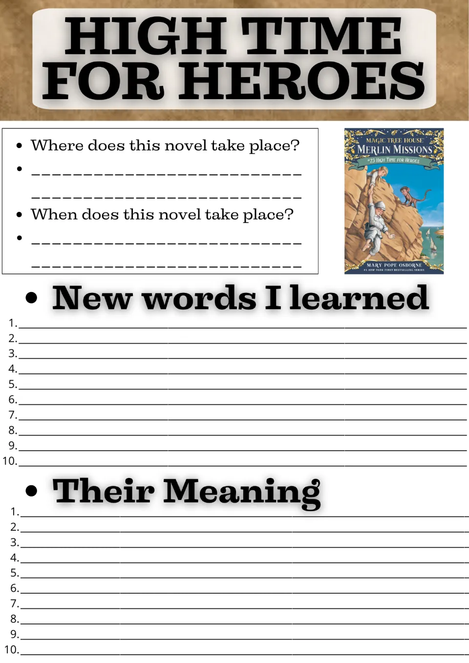 Novel study page 1: setting questions and spaces to record 10 new words from the story and their meanings.