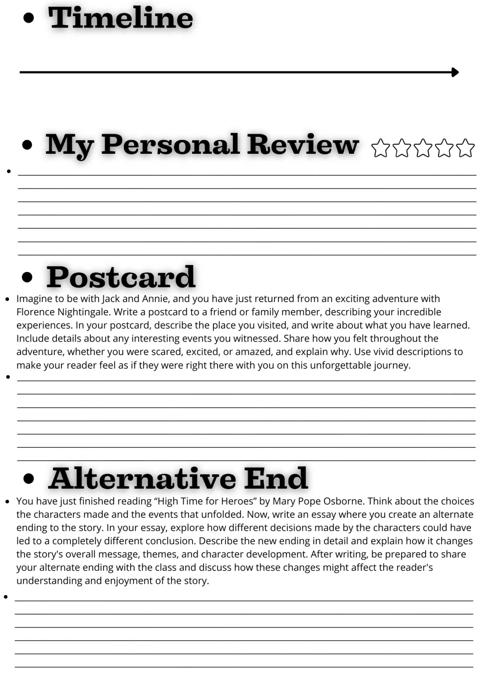Novel study page 2: a timeline, personal review, postcard with Jack and Annie, and alternate ending.