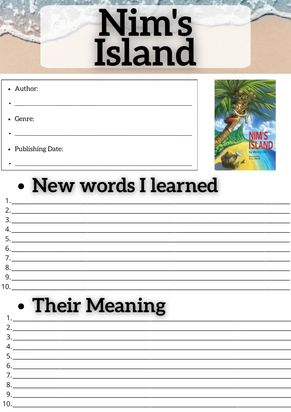 Nim's Island vocabulary log: students note author, genre and date, then list 10 new words and their meanings