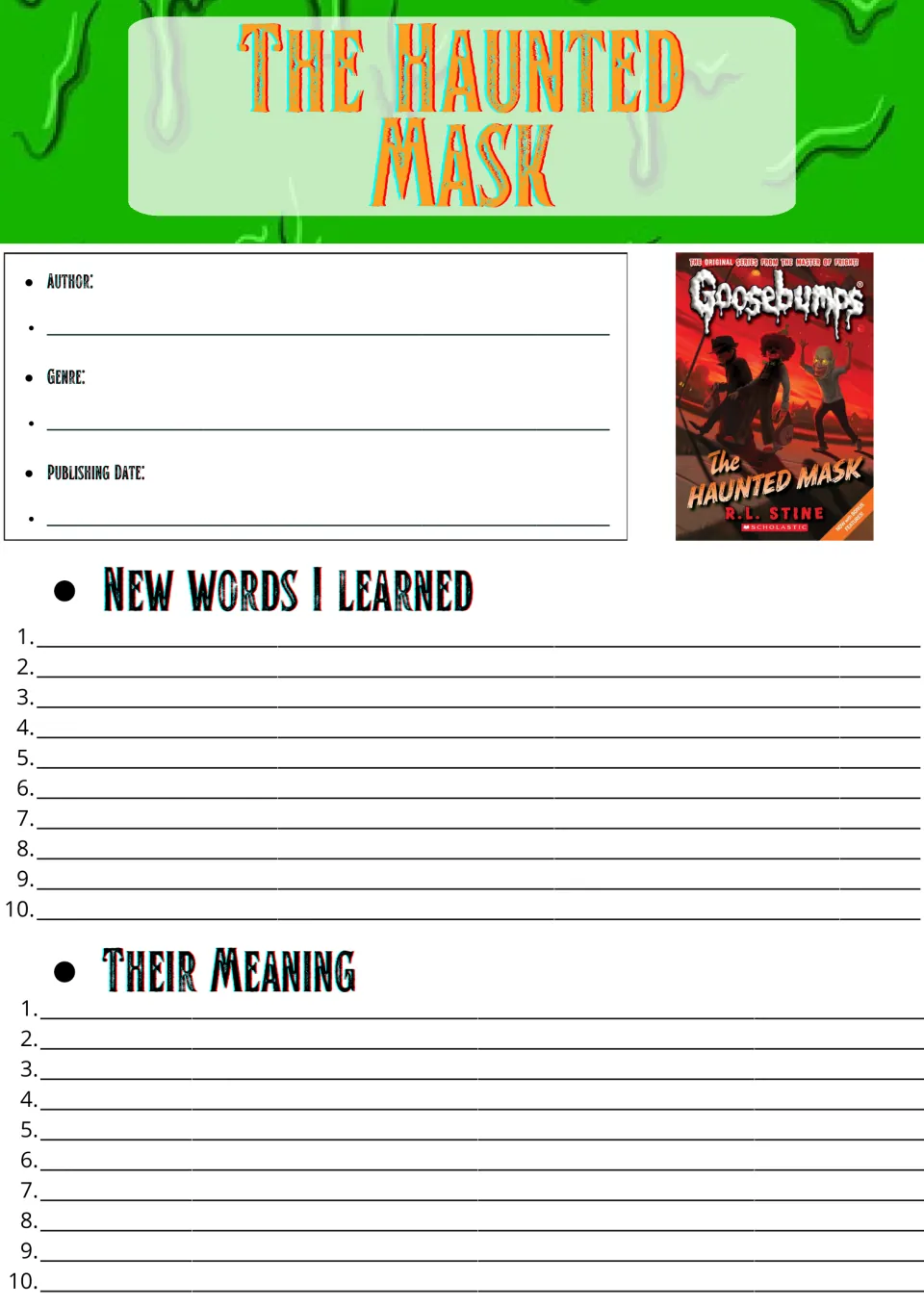 Novel study page 1: author, genre, publishing date, plus 10 new vocabulary words and their meanings.
