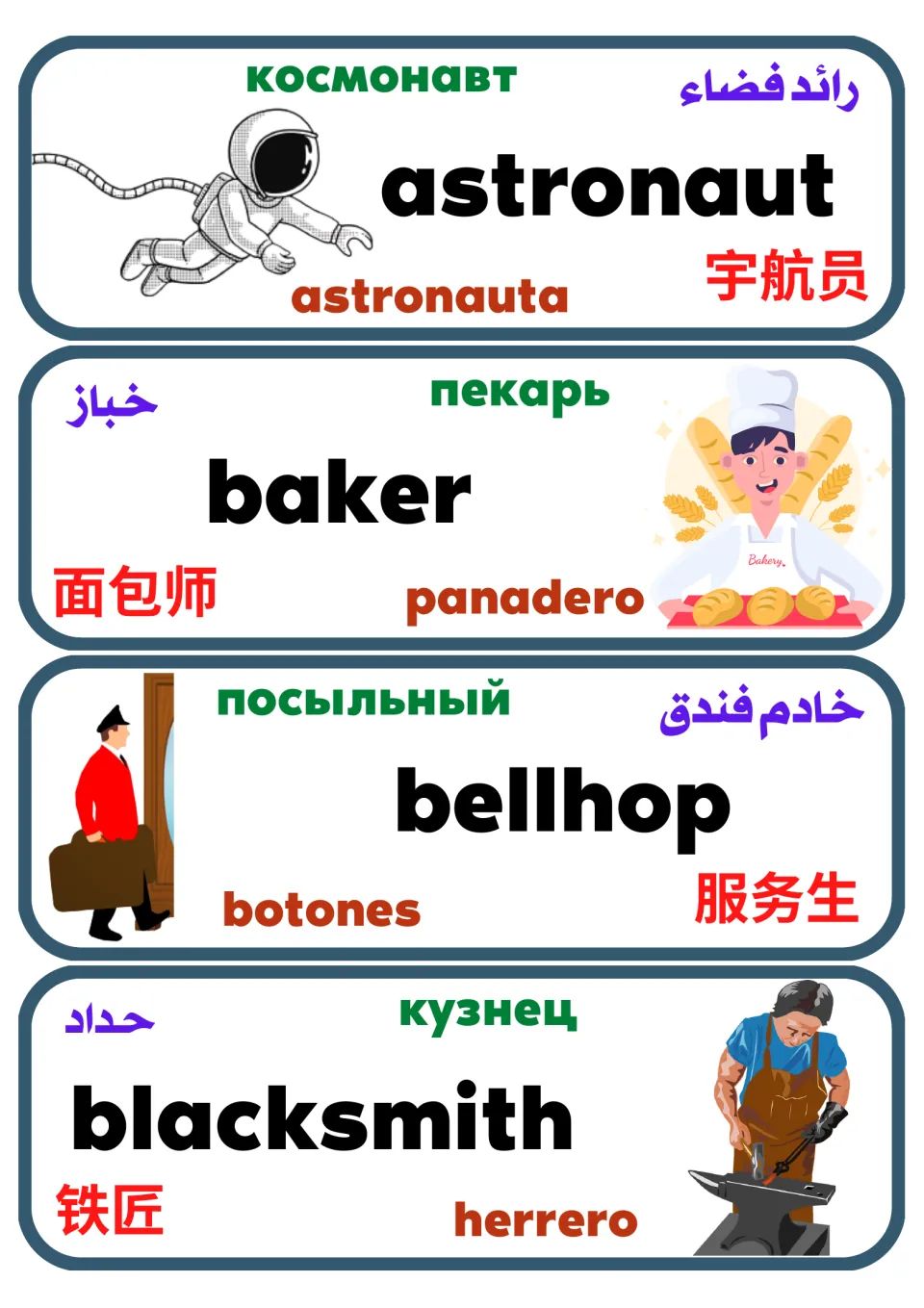 Multilingual occupation flashcards 1–4: astronaut, baker, bellhop and blacksmith, with labeled pictures