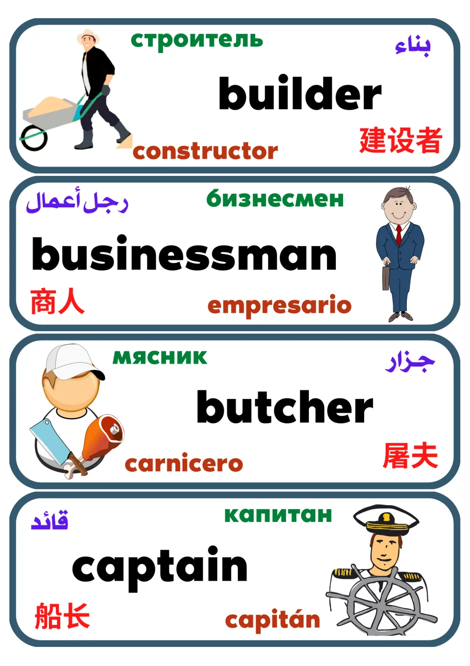Multilingual occupation flashcards 5–8: builder, businessman, butcher and captain, with labeled pictures