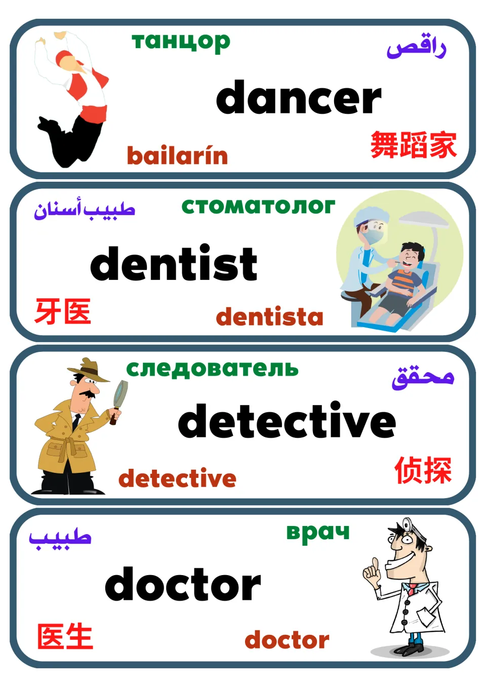 Multilingual occupation flashcards 13–16: dancer, dentist, detective and doctor, with labeled pictures