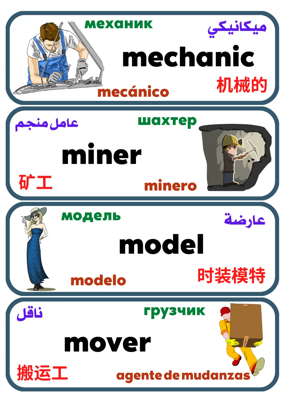 Multilingual occupation flashcards 29–32: mechanic, miner, model and mover, with labeled pictures