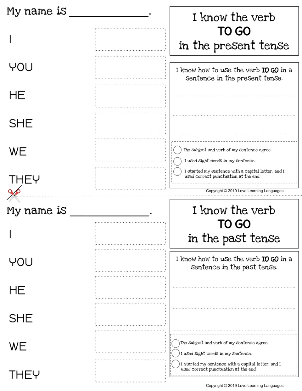 Verb TO GO, present and past: students fill in the form for each pronoun from I to they and write a sentence in both tenses