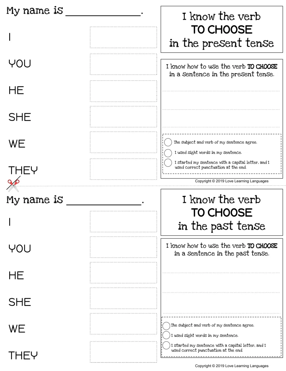 Verb TO CHOOSE, present and past tense: students fill in its form after each pronoun and write a sentence for each tense