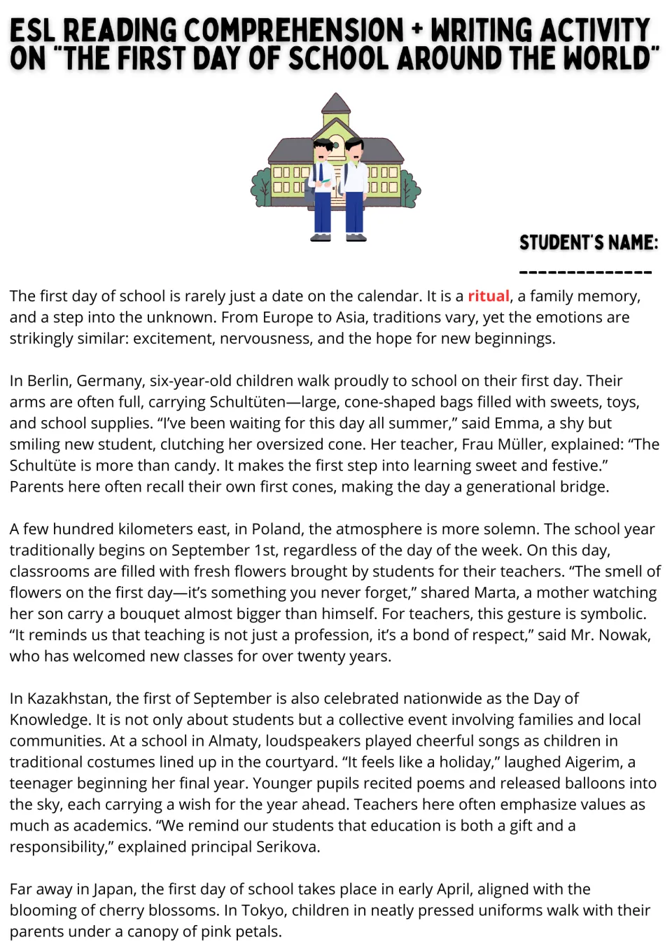 First day of school around the world article, part 1: students read about traditions in Germany, Poland and Kazakhstan