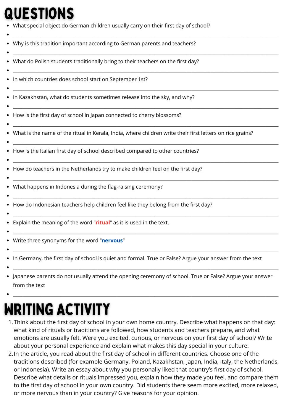 Questions on the article: 15 comprehension, vocabulary and true-or-false items, then two essay prompts on school traditions