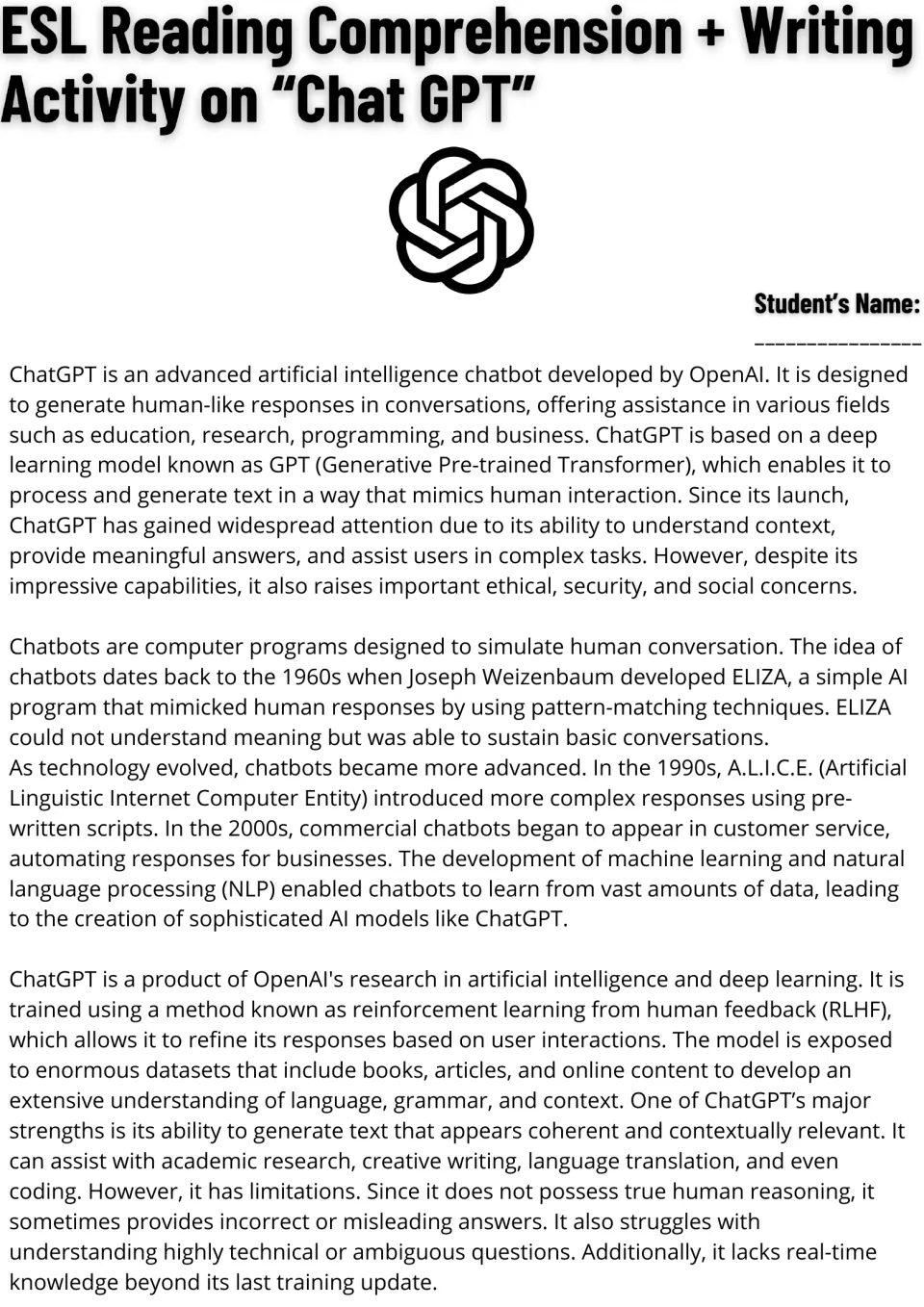 ChatGPT reading passage, part 1: students read about what ChatGPT is, chatbot history from ELIZA to A.L.I.C.E., and RLHF