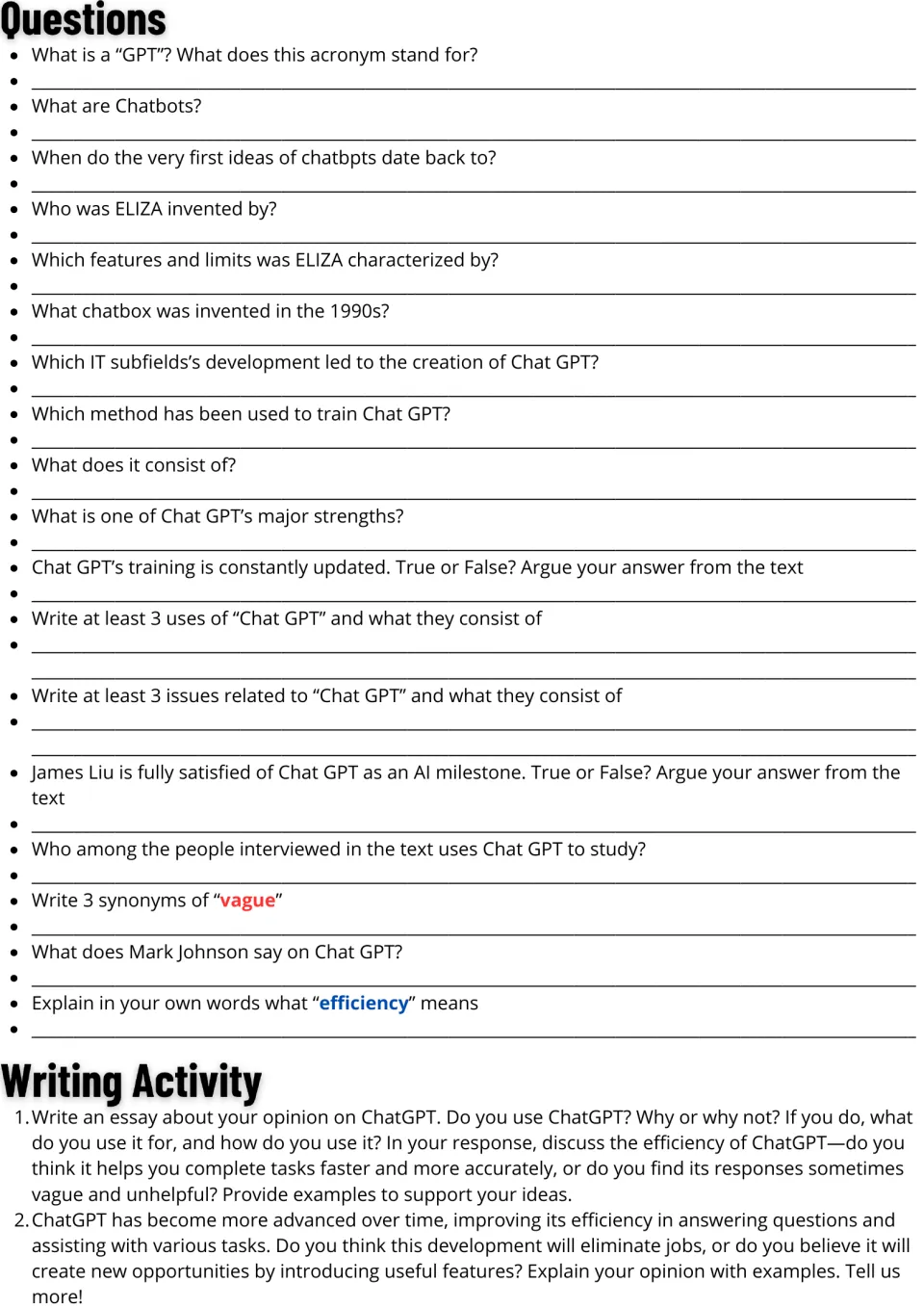 Comprehension questions on the ChatGPT text, true/false with evidence and vocabulary, plus two opinion essay prompts