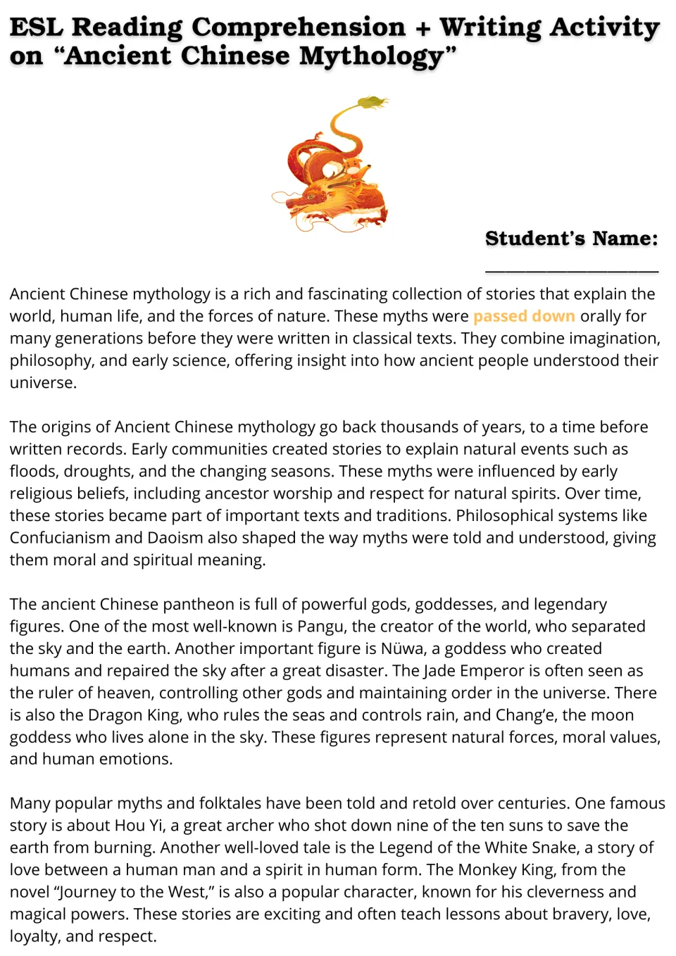 Reading passage, part 1: ancient Chinese mythology's origins, Pangu, Nüwa, the Jade Emperor, and famous myths.