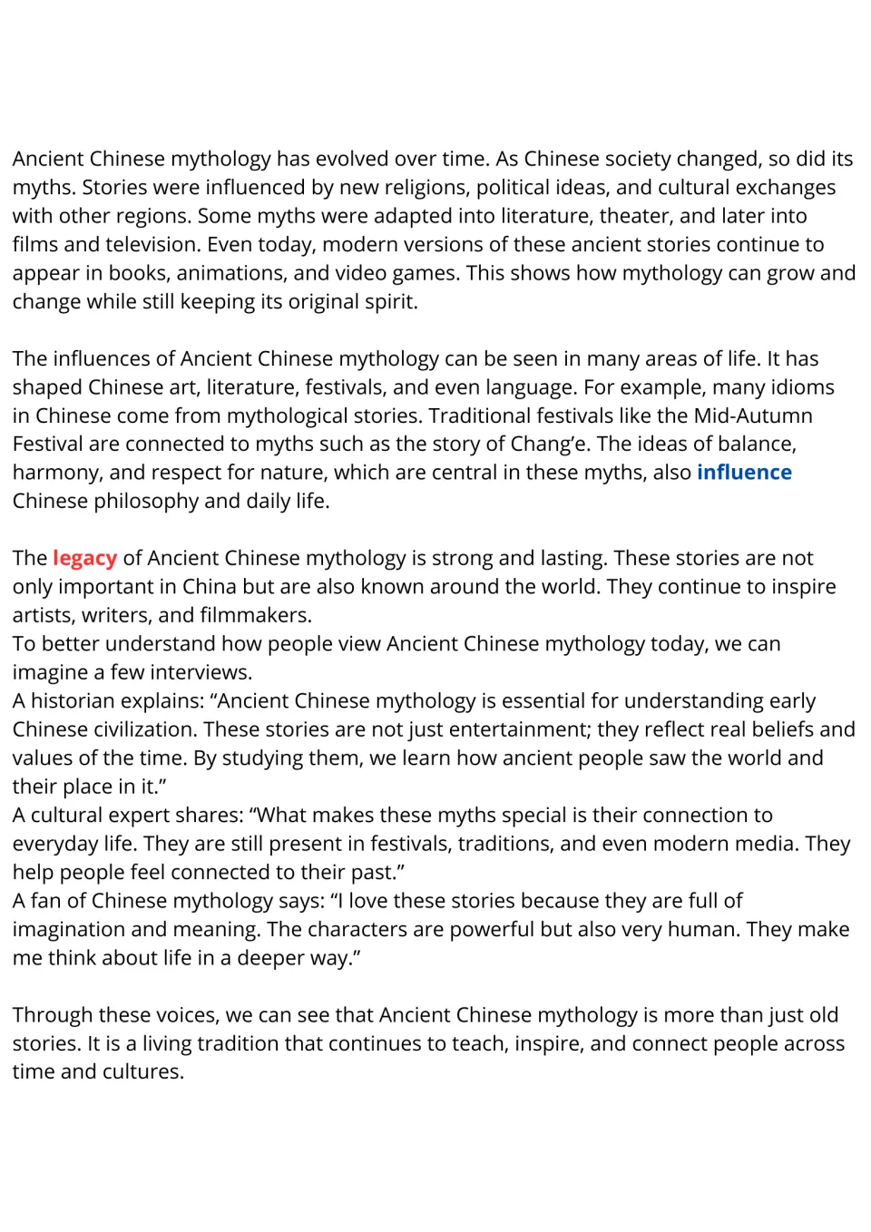 Reading passage, part 2: Chinese mythology's evolution, cultural influence, legacy, and imagined interviews.