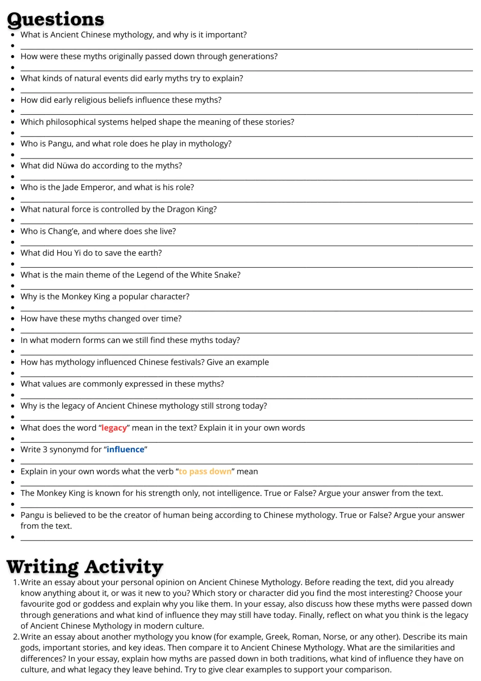 Questions and writing tasks: 23 comprehension and vocabulary questions plus two mythology essay prompts.