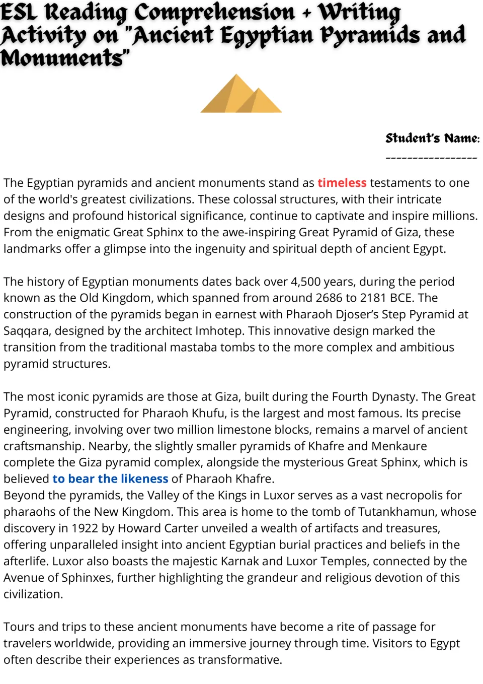 Egyptian pyramids reading passage on Giza, Djoser's Step Pyramid and the Valley of the Kings, with vocabulary highlighted
