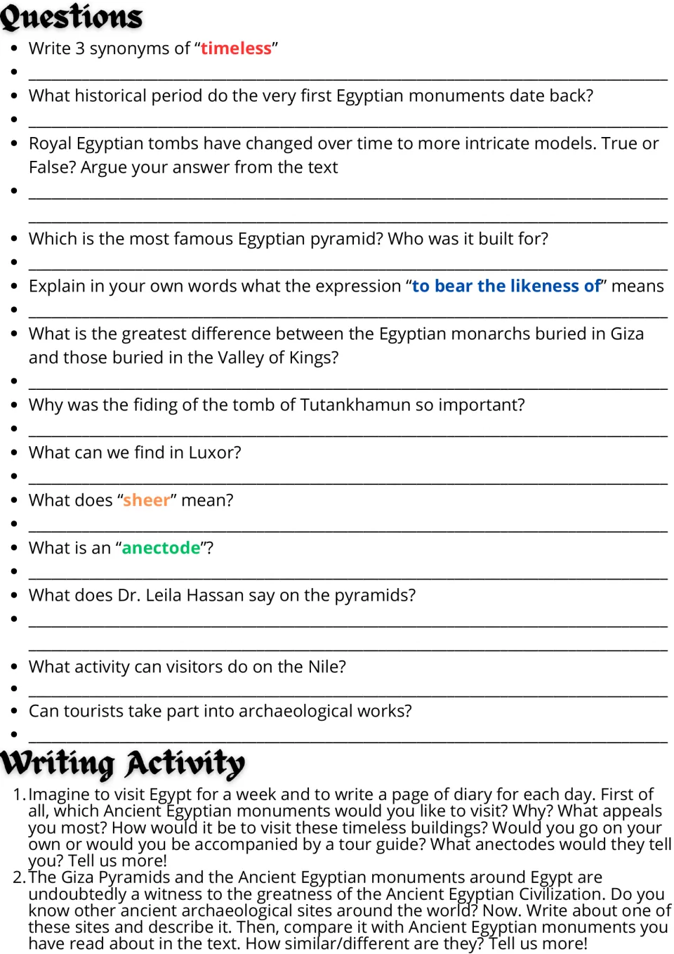 Egypt text questions: students answer comprehension and vocabulary items, then write a travel diary or compare world sites