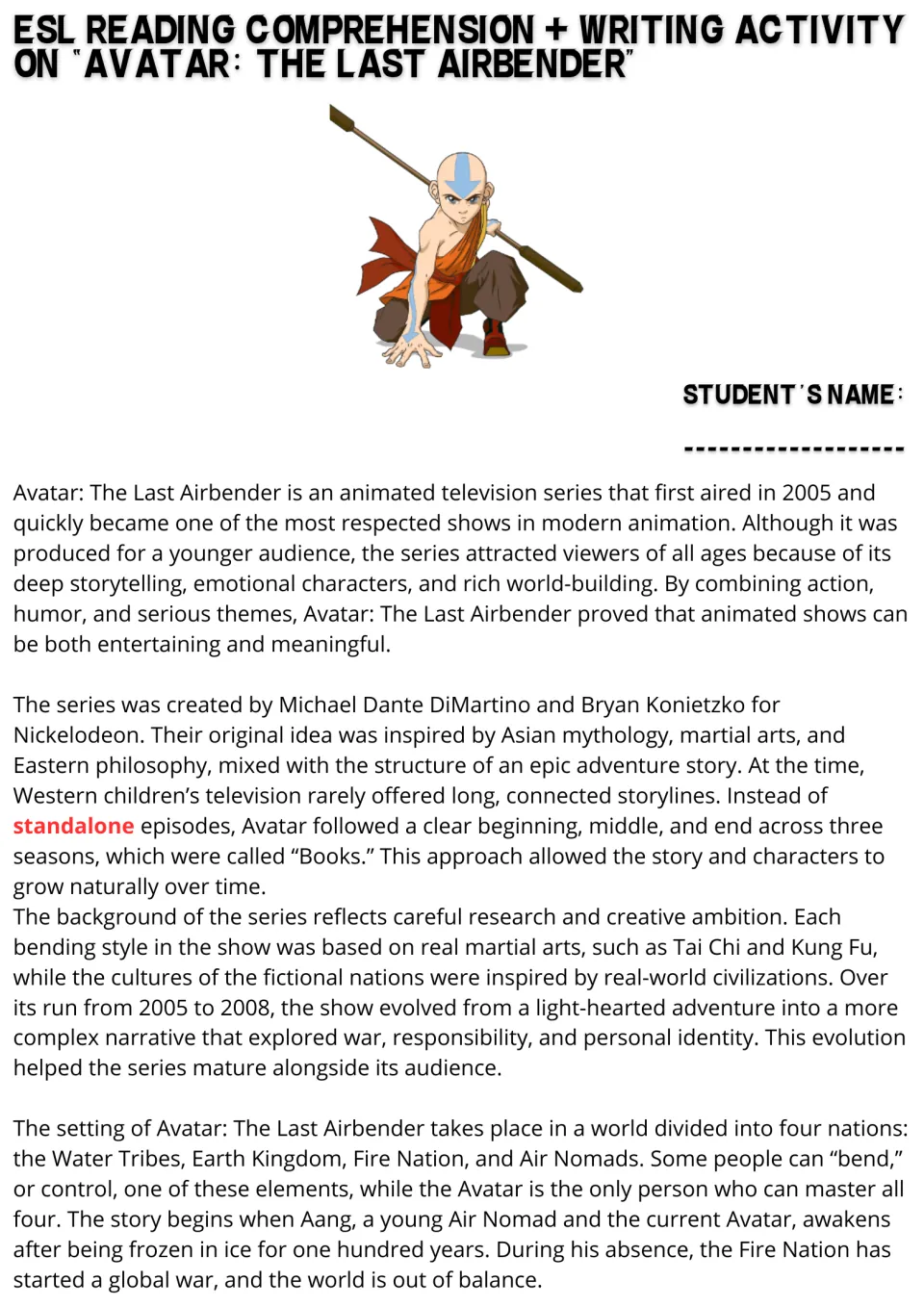 Avatar reading passage, part 1: students read about the show's creators, martial-arts bending and four nations