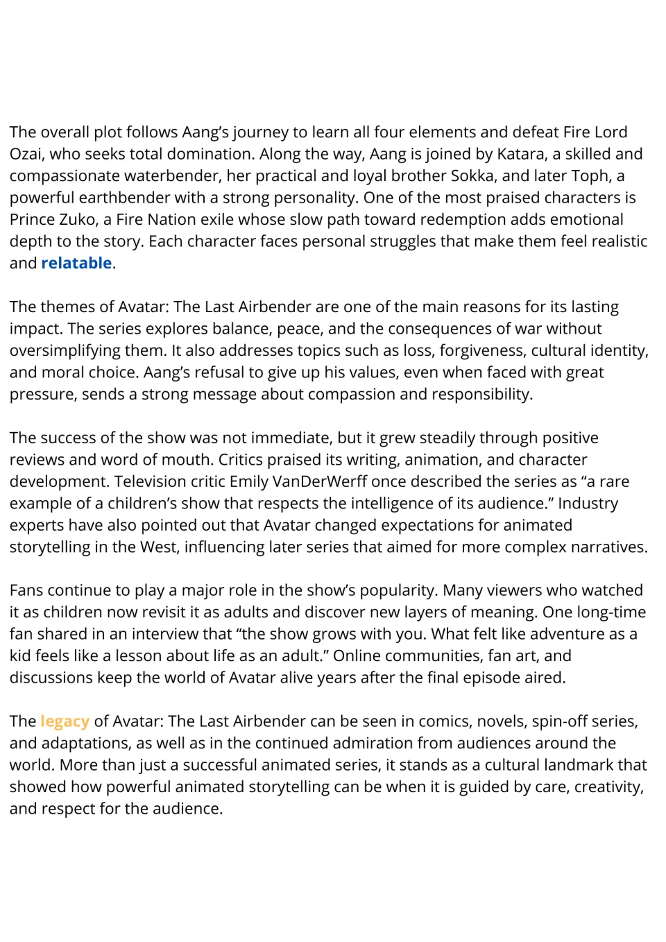 Avatar reading, part 2: students read on Aang's allies, Zuko, war and balance themes, critics, fans and legacy