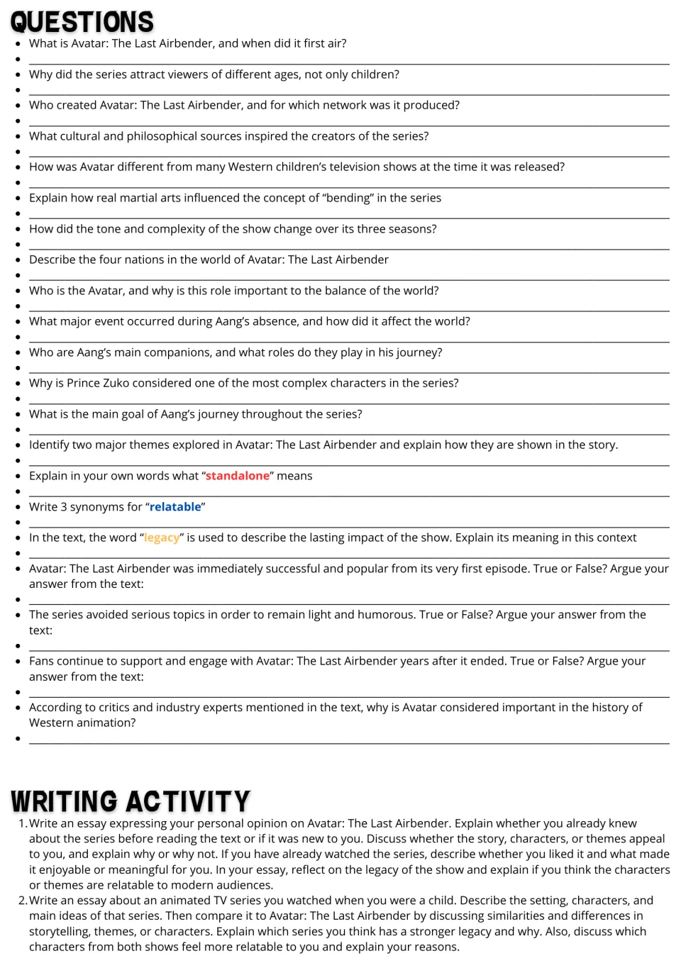 Avatar questions: students answer 21 comprehension, vocabulary and true-or-false items, then pick an essay prompt
