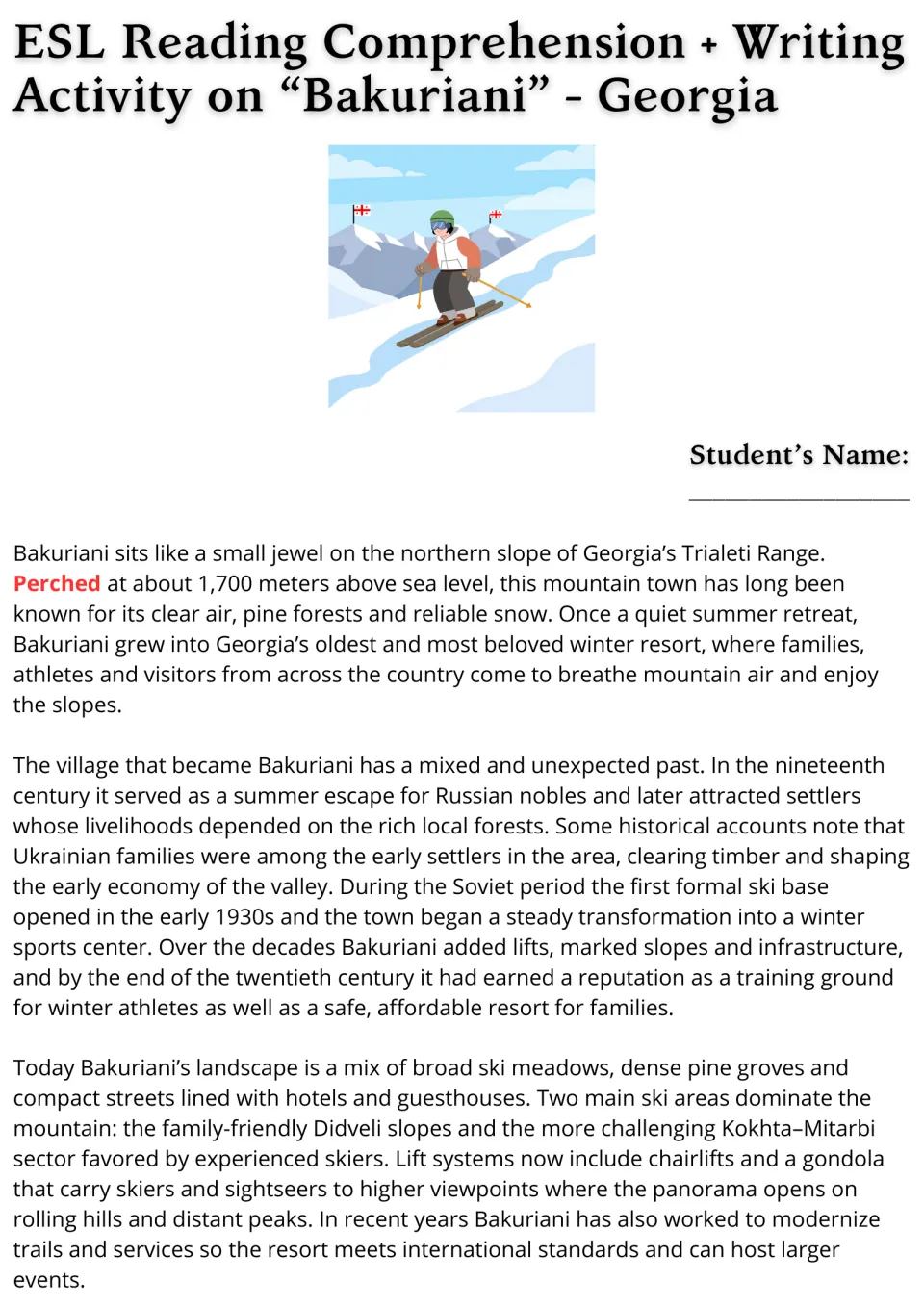 Bakuriani reading passage, part 1: Georgia's mountain resort, its history, pine forests, and ski areas.