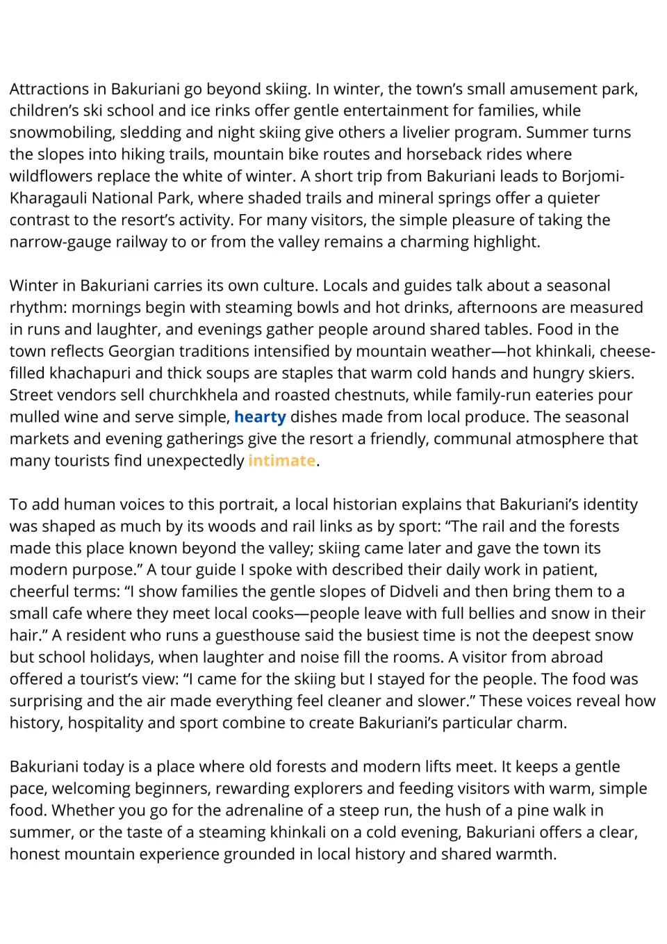 Bakuriani reading passage, part 2: seasonal activities, Georgian food, and local and visitor perspectives.