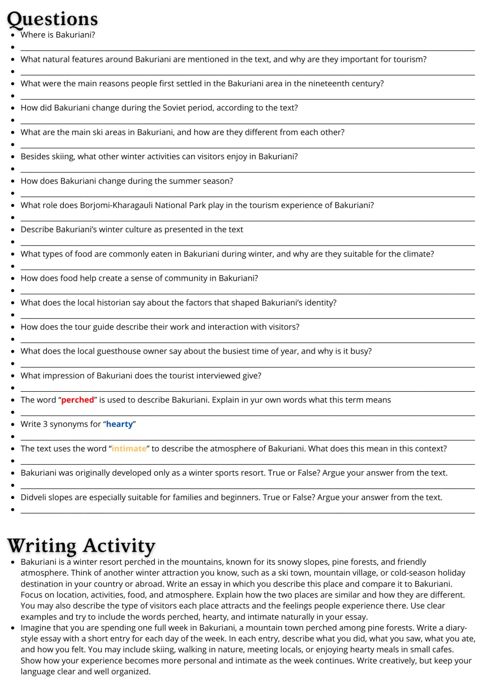 Bakuriani follow-up: 20 comprehension and vocabulary questions plus comparison and weeklong diary writing prompts.