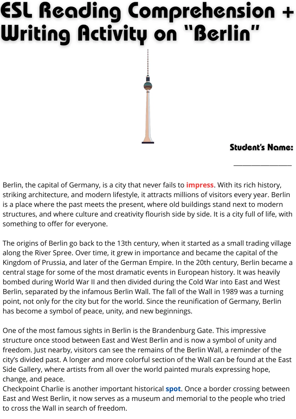 Berlin reading passage, part 1: the city's origins, the Berlin Wall, Brandenburg Gate, and East Side Gallery