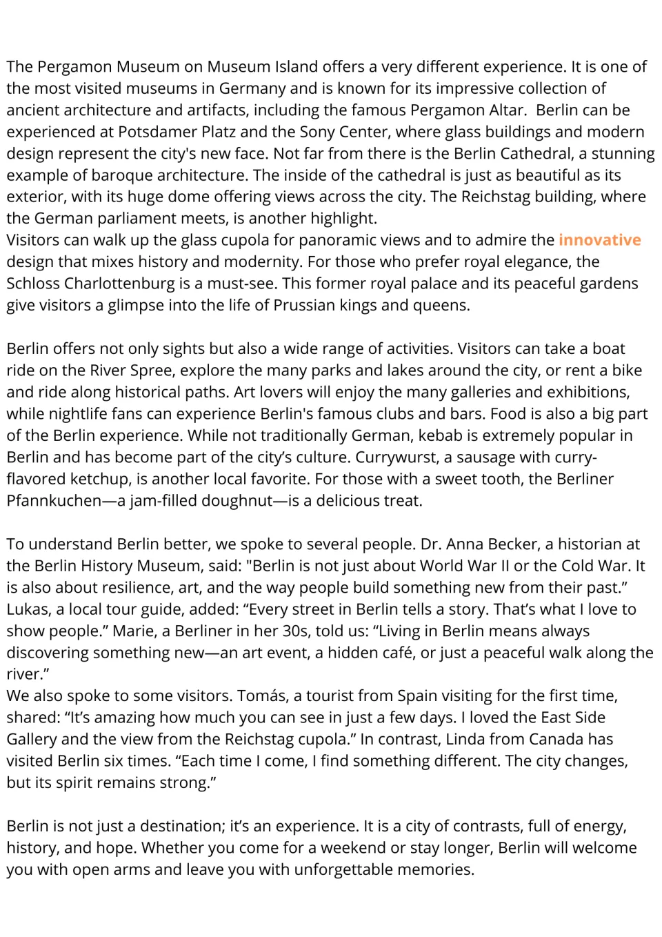 Berlin reading passage, part 2: museums, landmarks, activities, local foods, and residents' and visitors' views