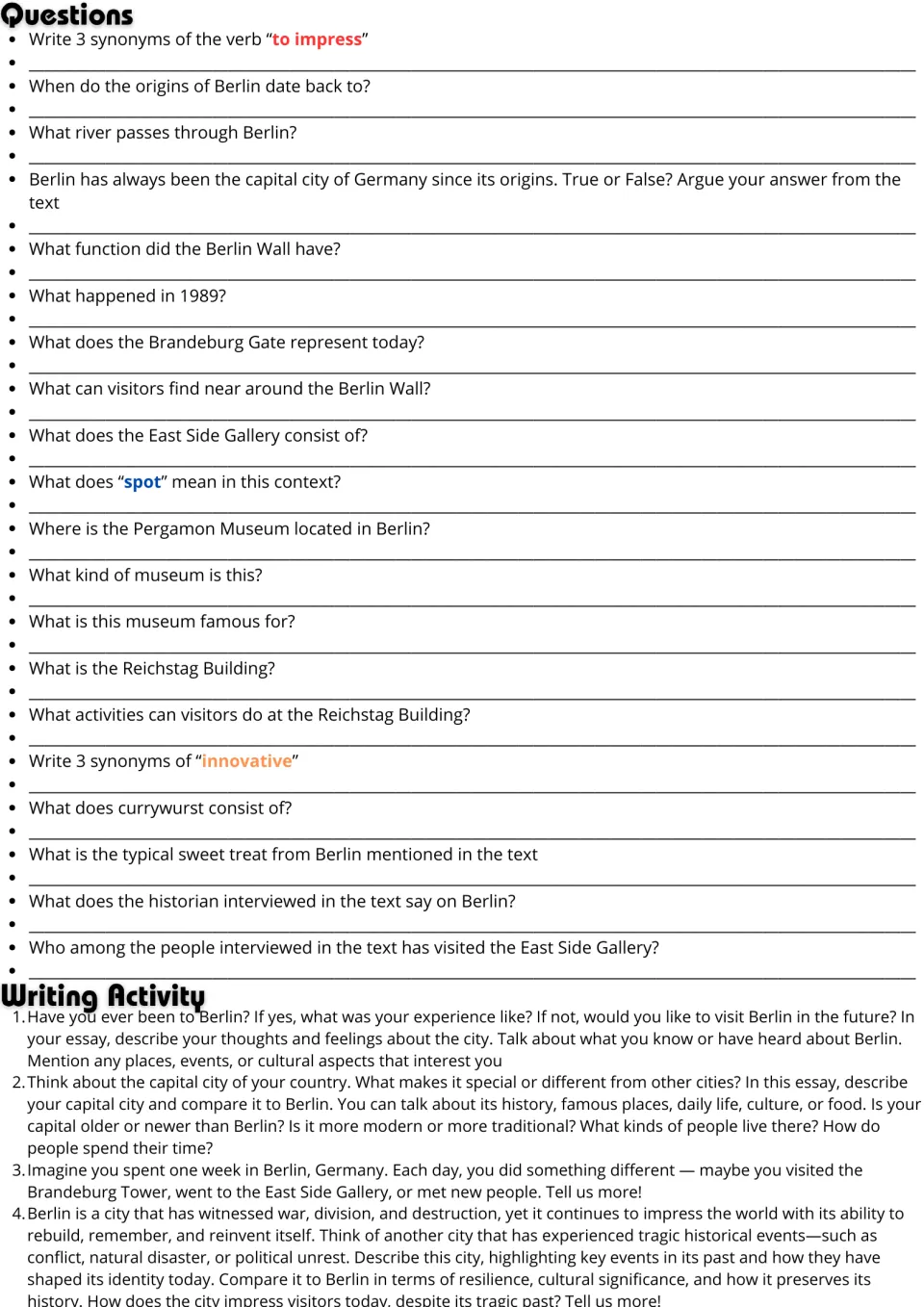 Berlin follow-up tasks: 20 comprehension and vocabulary questions and four essay prompts about cities