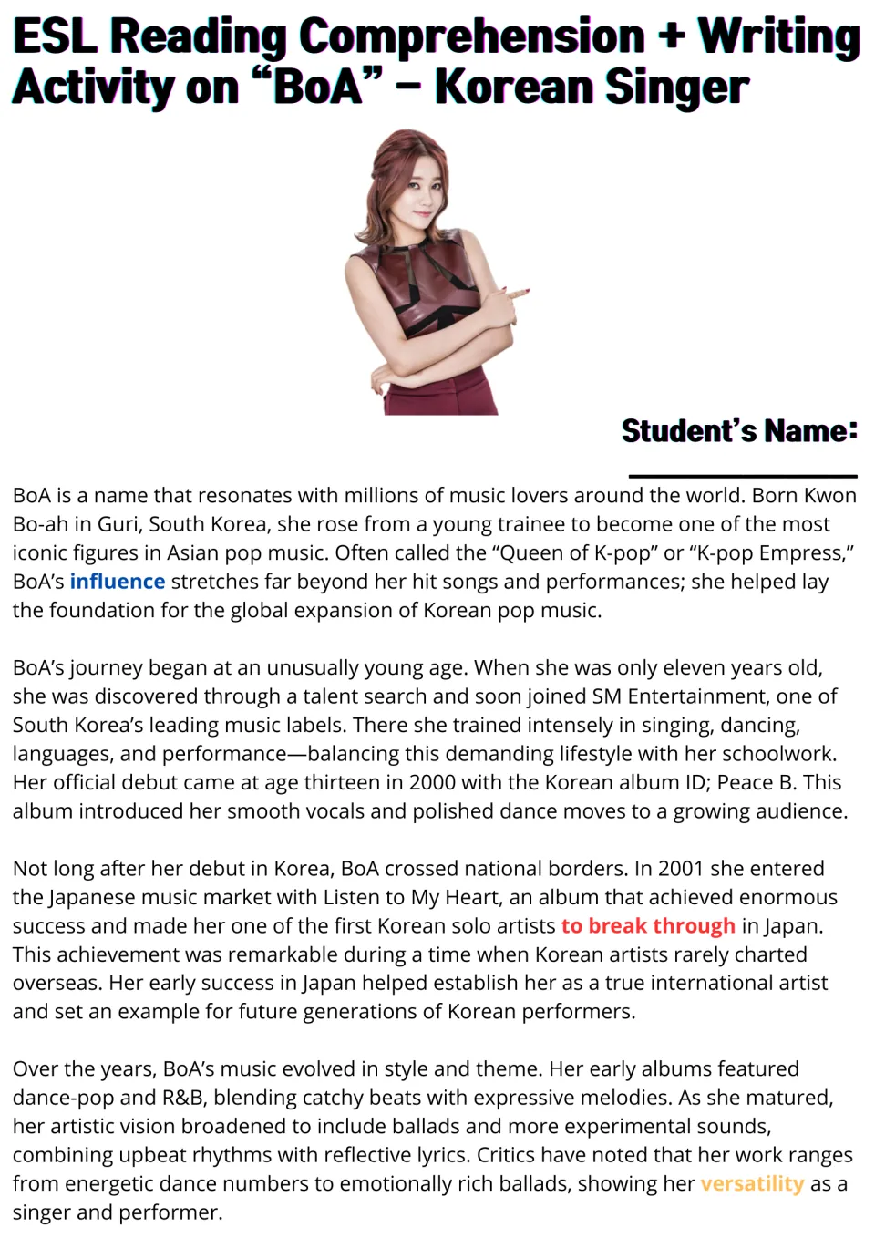 BoA reading passage, part 1: students read about her debut at 13, SM Entertainment training and 2001 breakthrough in Japan