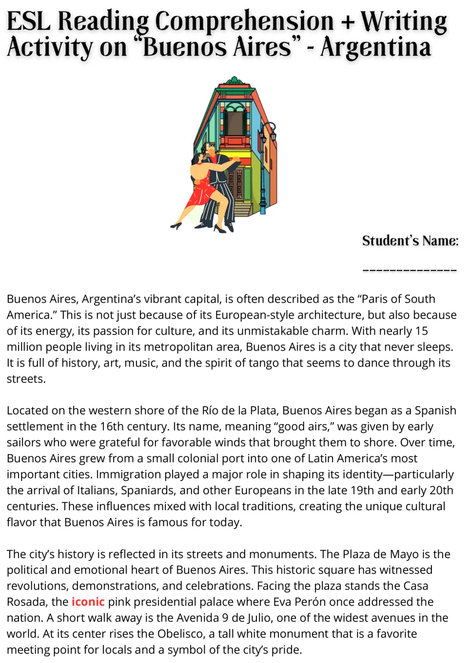 Opening ESL reading passage on Buenos Aires: location, immigration, Plaza de Mayo, Casa Rosada, and Obelisco
