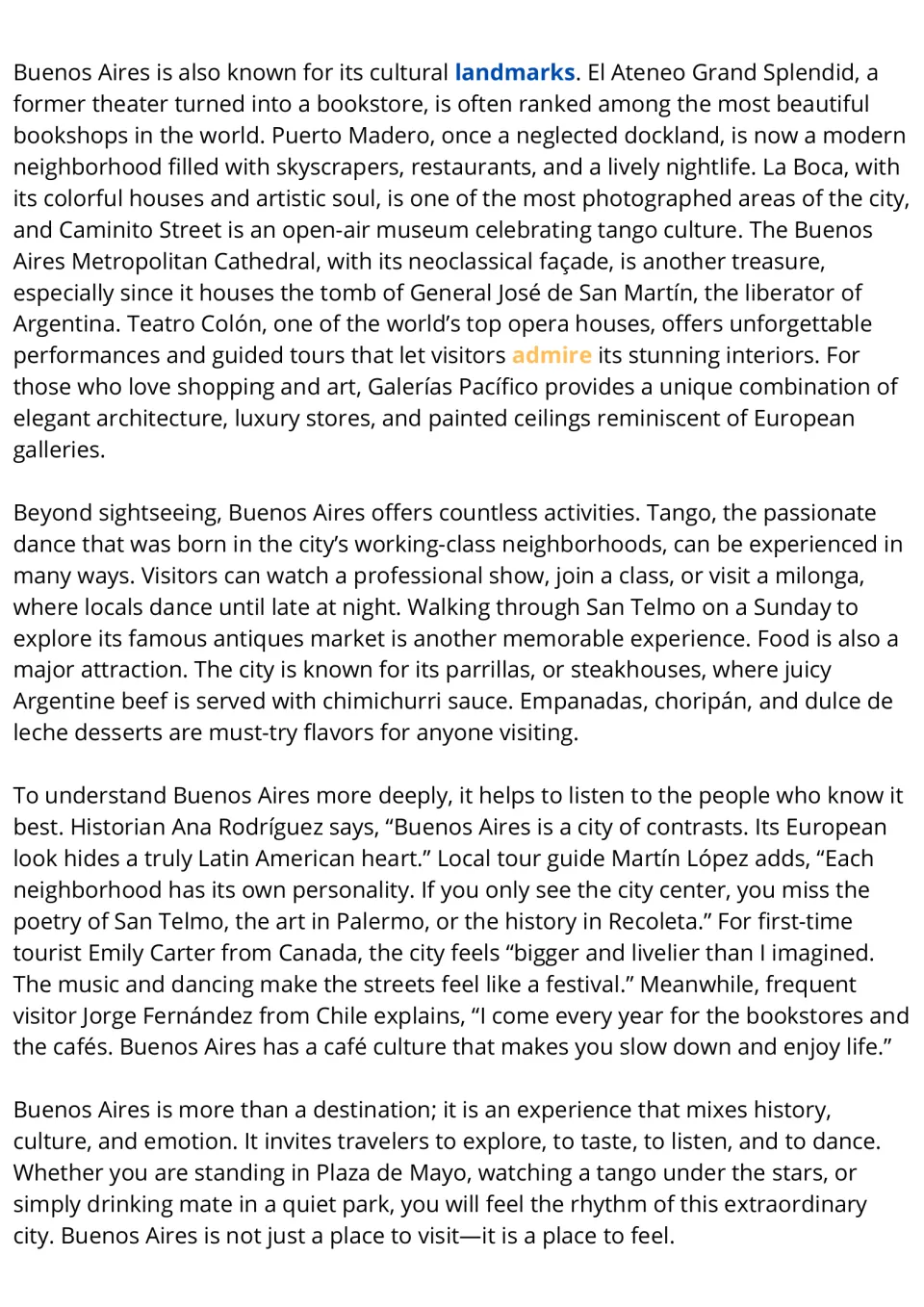 ESL reading passage continued: Buenos Aires landmarks, tango, food, and perspectives from locals and visitors