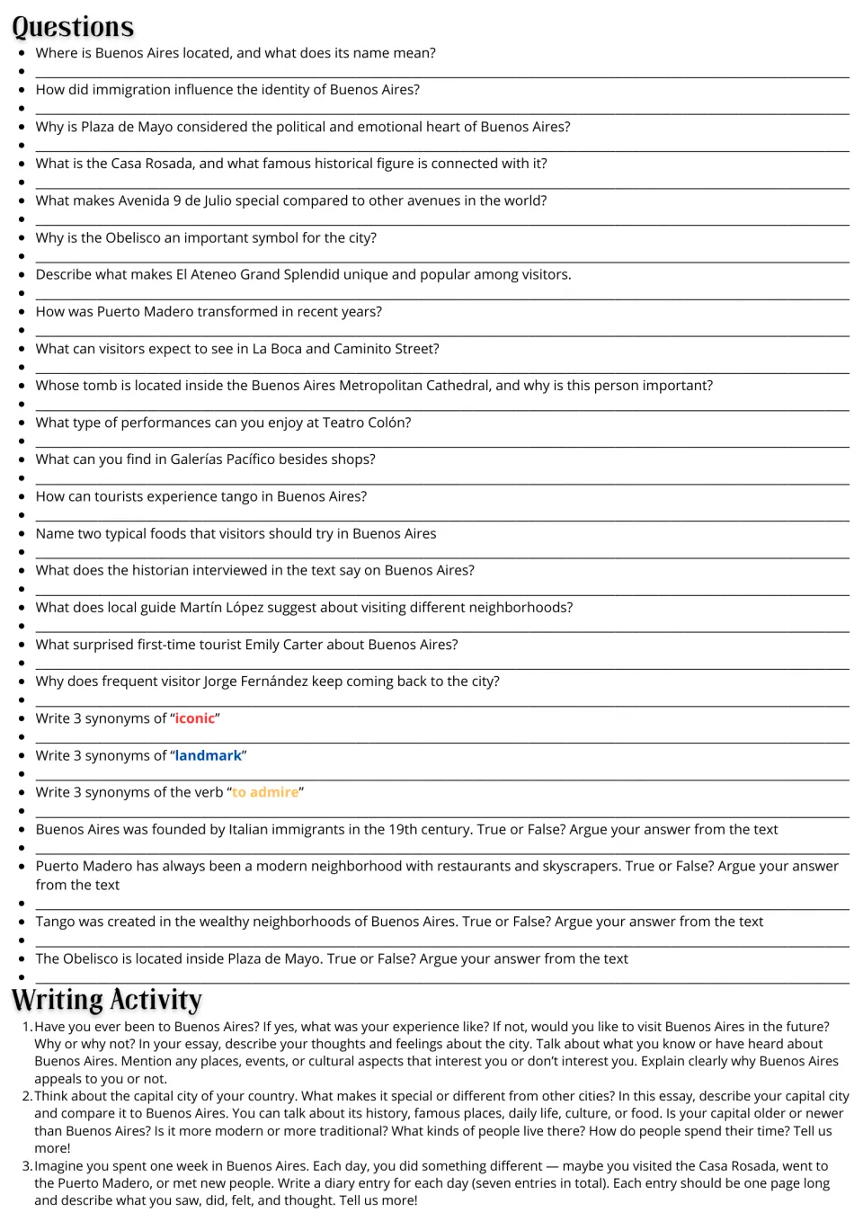 Buenos Aires reading follow-up: 25 comprehension and vocabulary questions, plus three writing prompts
