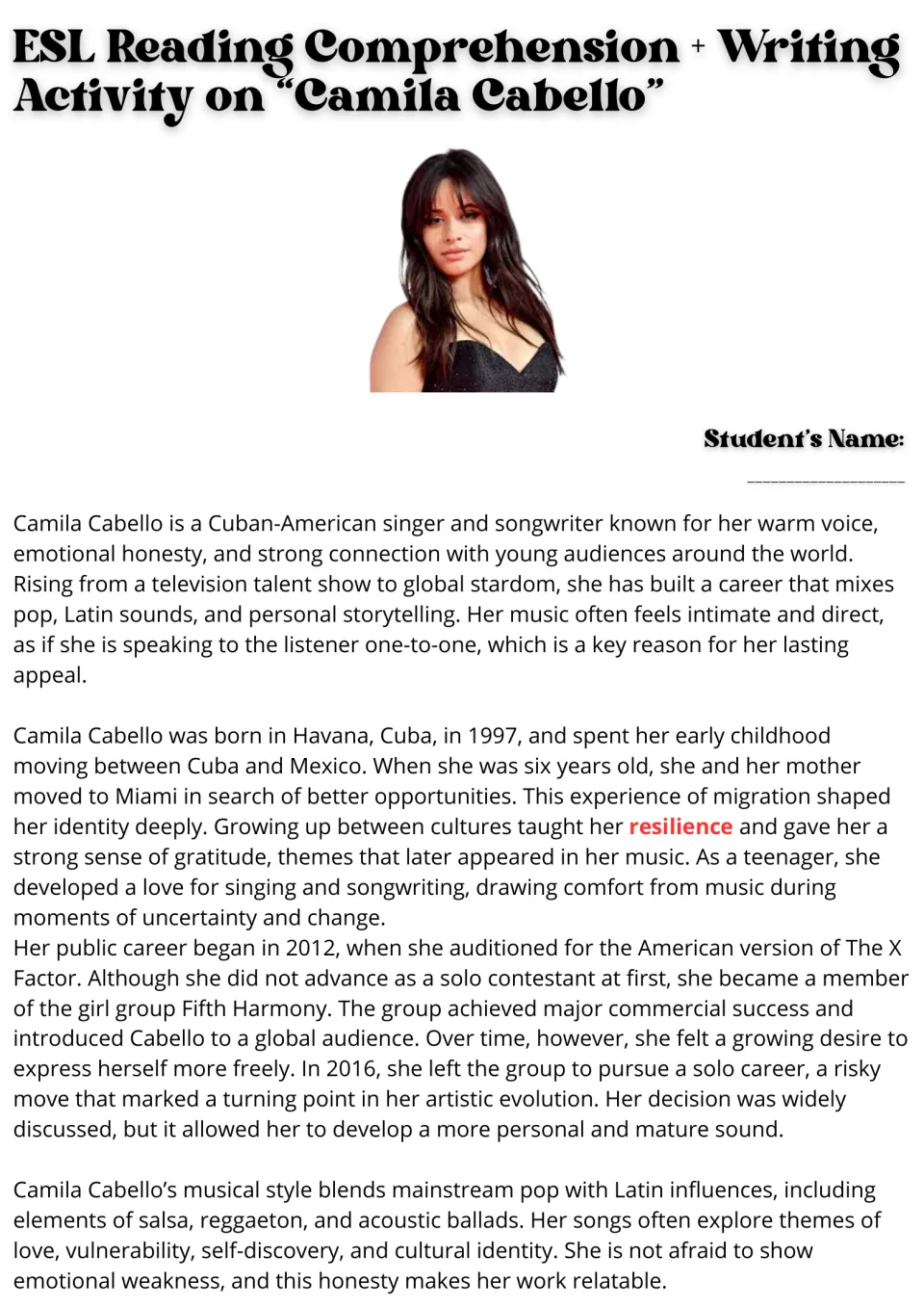 Reading passage, part 1: Camila Cabello's childhood, move to Miami, Fifth Harmony, and solo career.