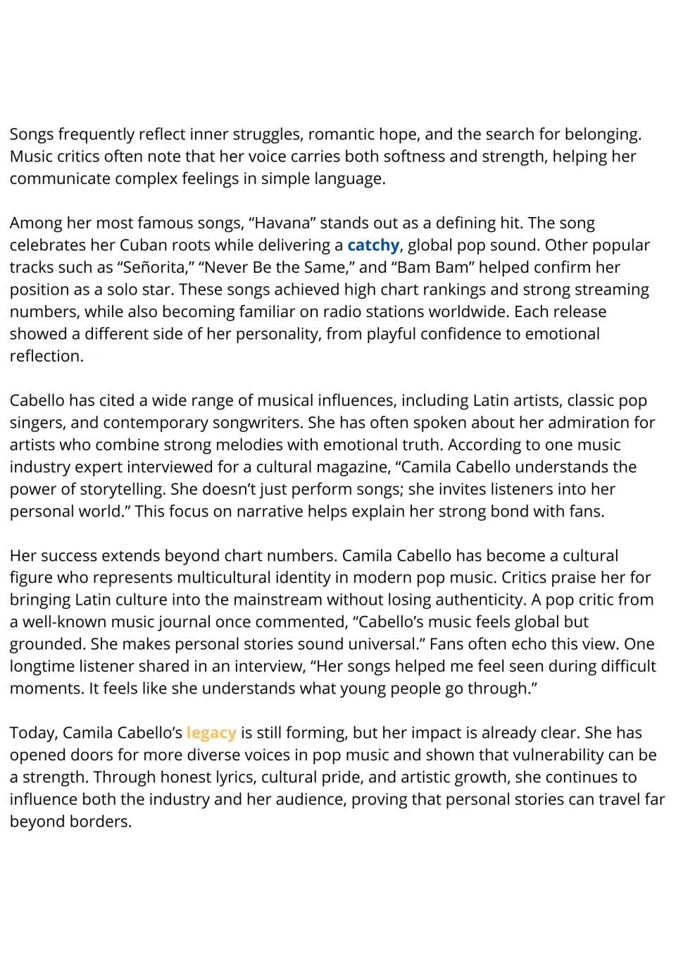 Reading passage, part 2: Camila Cabello's hit songs, musical influences, connection with fans, and legacy.