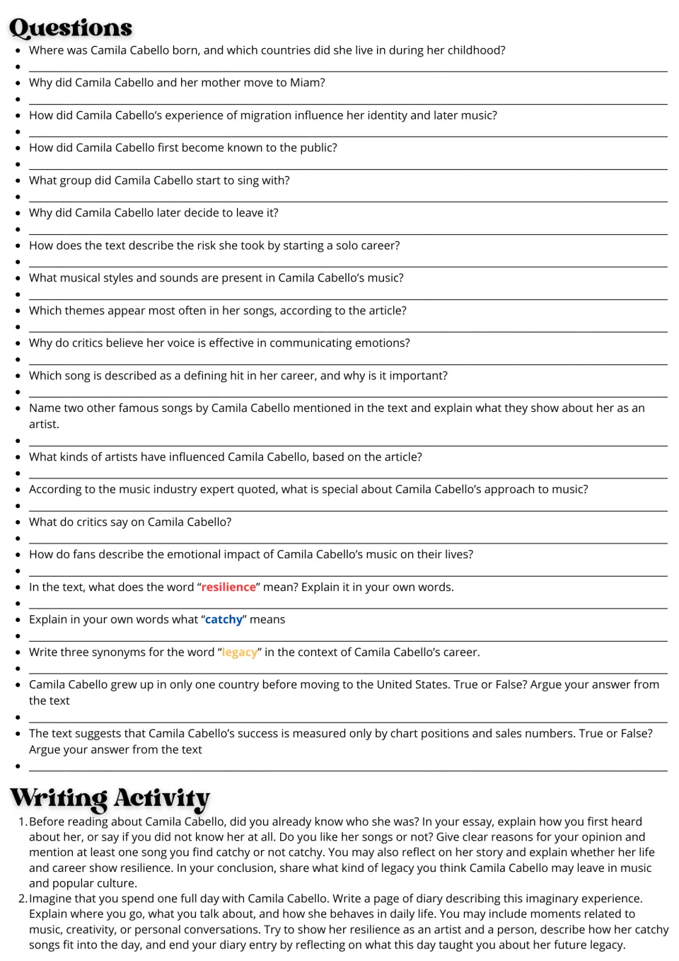 Practice page: 21 comprehension and vocabulary questions about Camila Cabello and two writing prompts.
